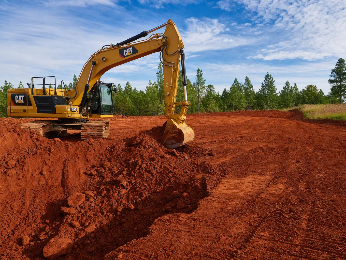 Excavator grading and site preparation on red clay soil